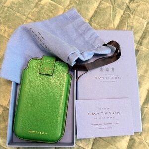 Smythson Vibrant Green Leather Phone Sleeve
